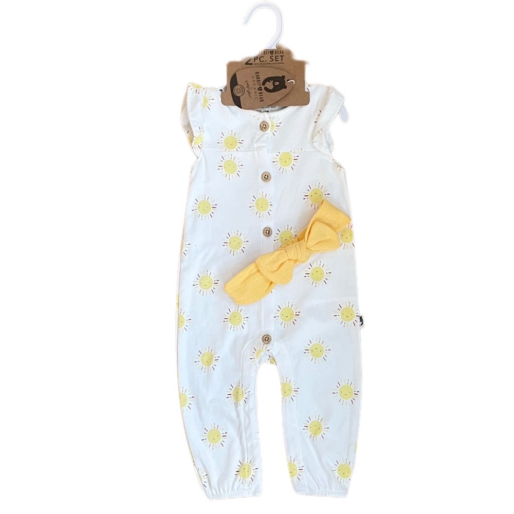 NWT Rabbit and Bear 100% Organic Cotton Sun One Piece w Yellow Headband 12